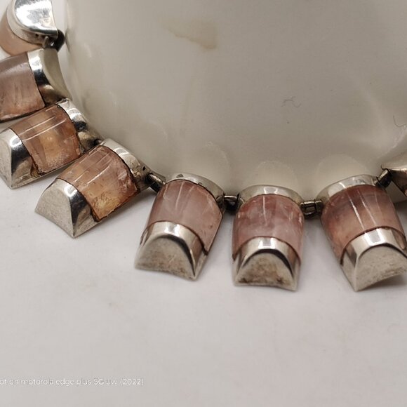 Vintage Sterling By Laura:   Sterling Tile and Moonstone Collar Necklace 14" - Picture 6 of 16